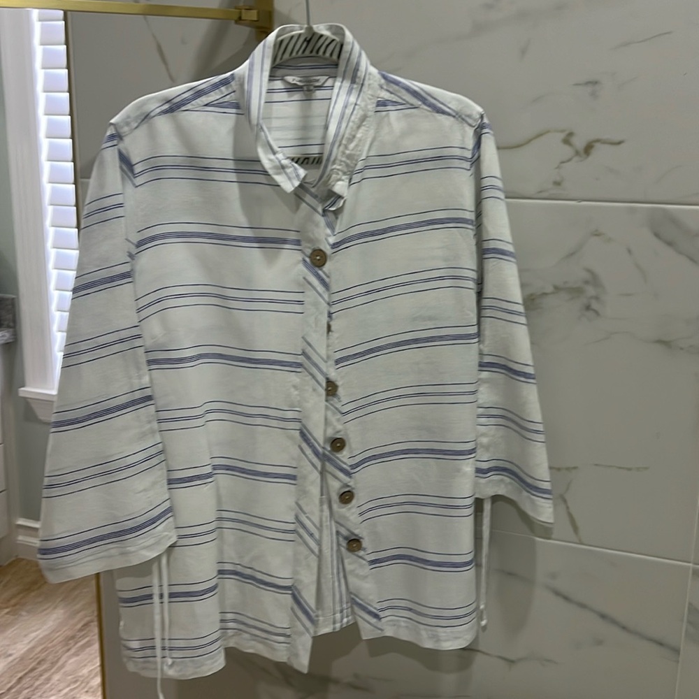 John Mark White and Blue Striped Button-Front Blouse